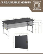 FanttikOutdoor Folding Table 6ft Quick Adjust 3 Heights Picnic Party Dining | One-Handed Adjustable Height, Fixing Lock, Carry Handle Heavy Duty Portable Fold-in-Half, Indoor Outdoor Black Zeta X6 Pro