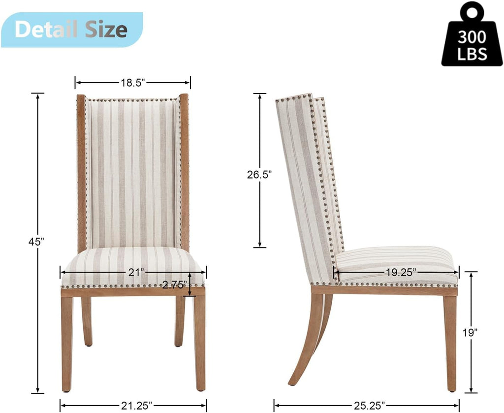 Kmax High Back Dining Chairs Set of 2, Parsons Dinner Chairs Upholstered Fabric & Nailed Trim Wood Kitchen Chairs, Khaki Stripe