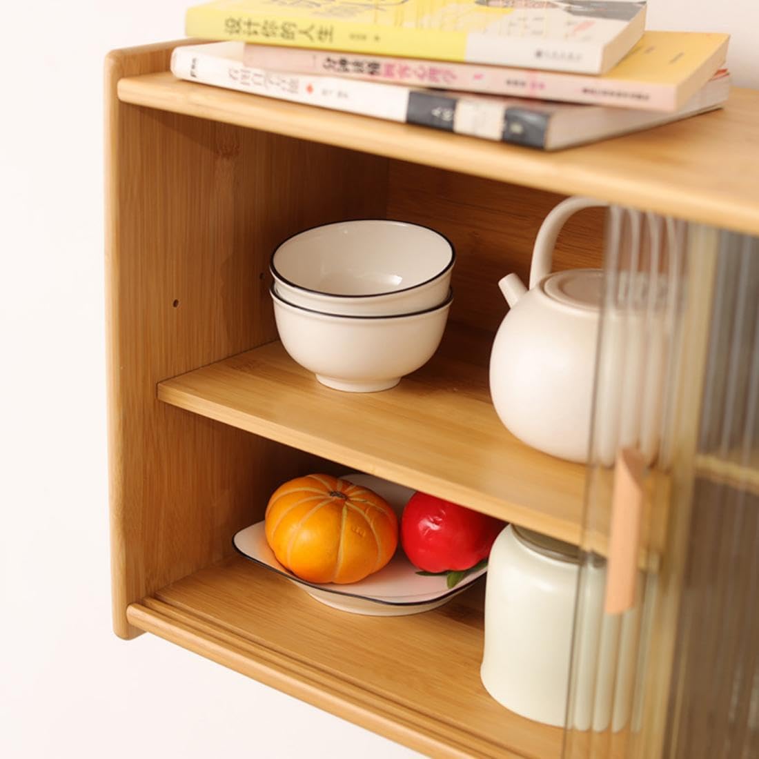 Wall Pantry Cabinet with Adjustable Shelf, Wall Mounted Kitchen Sideboard with Sliding Doors Tabletop Cupboard Pantry Cabinet for Plates Bowls Spices Cups