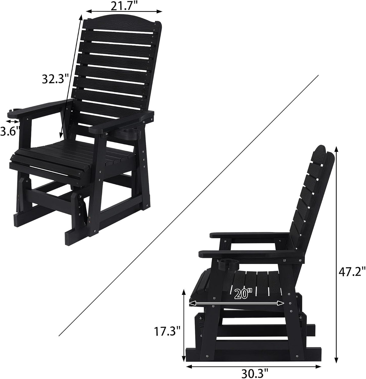 Poly Lumber Patio Glider for One Person, with Cup Holders, High Backrest and Deep Contoured Seat, HIPS Material, All-Weather Resistant, Heavy Duty 700 Pounds (Black)