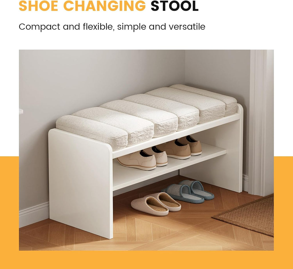 Modern Shoe Bench with Storage, Shoe Rack with Cushion Upholstered Fabric Shoes Changing Stool with 2 Tier Storage Space for Entryway Living Room End of Bed Bedroom, Cream White