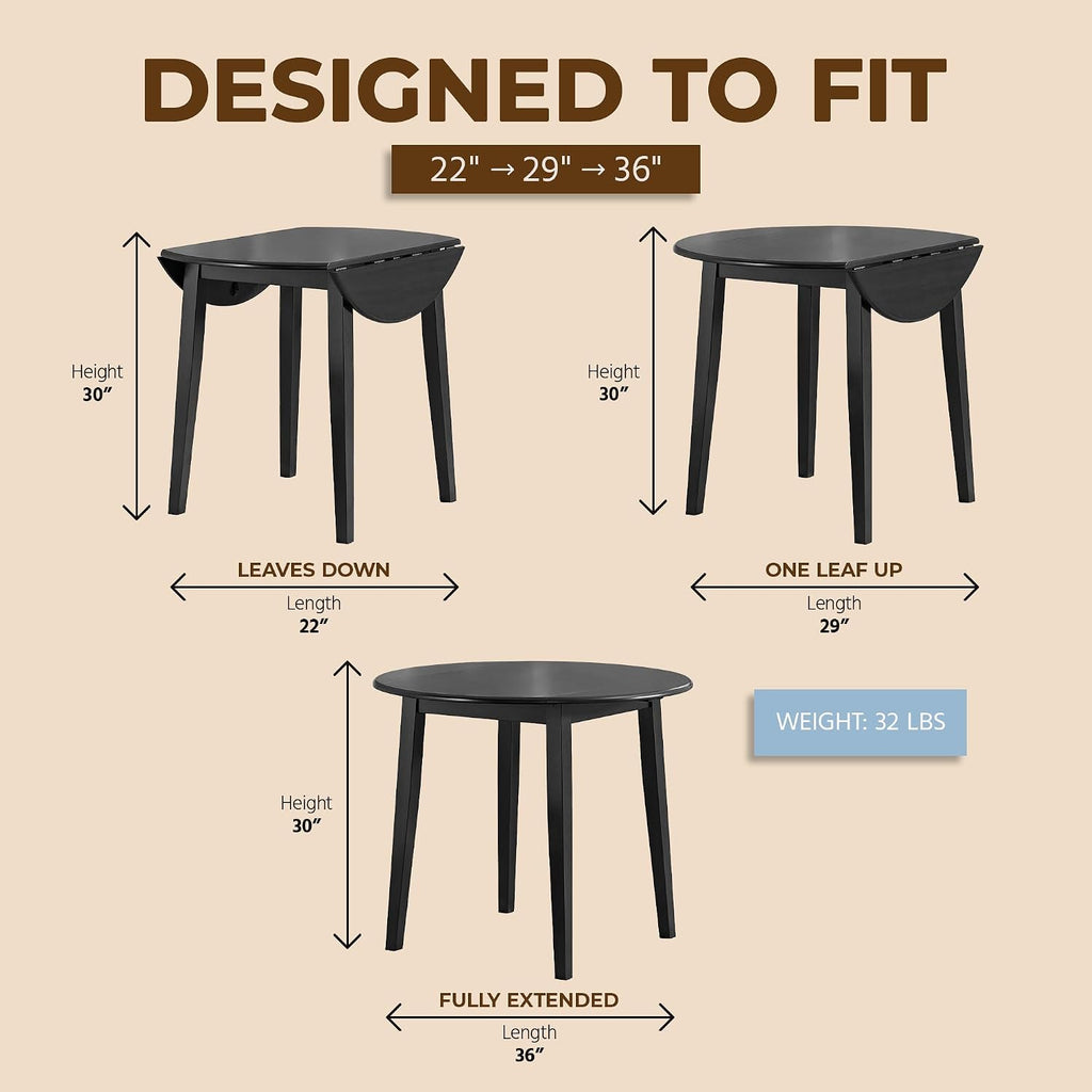ROME + OAK Hinged Drop Leaf Dining Table, 22-36 Inch Round Tabletop with Sturdy Base, Black - Modern Solid Wooden Furniture Piece for Home