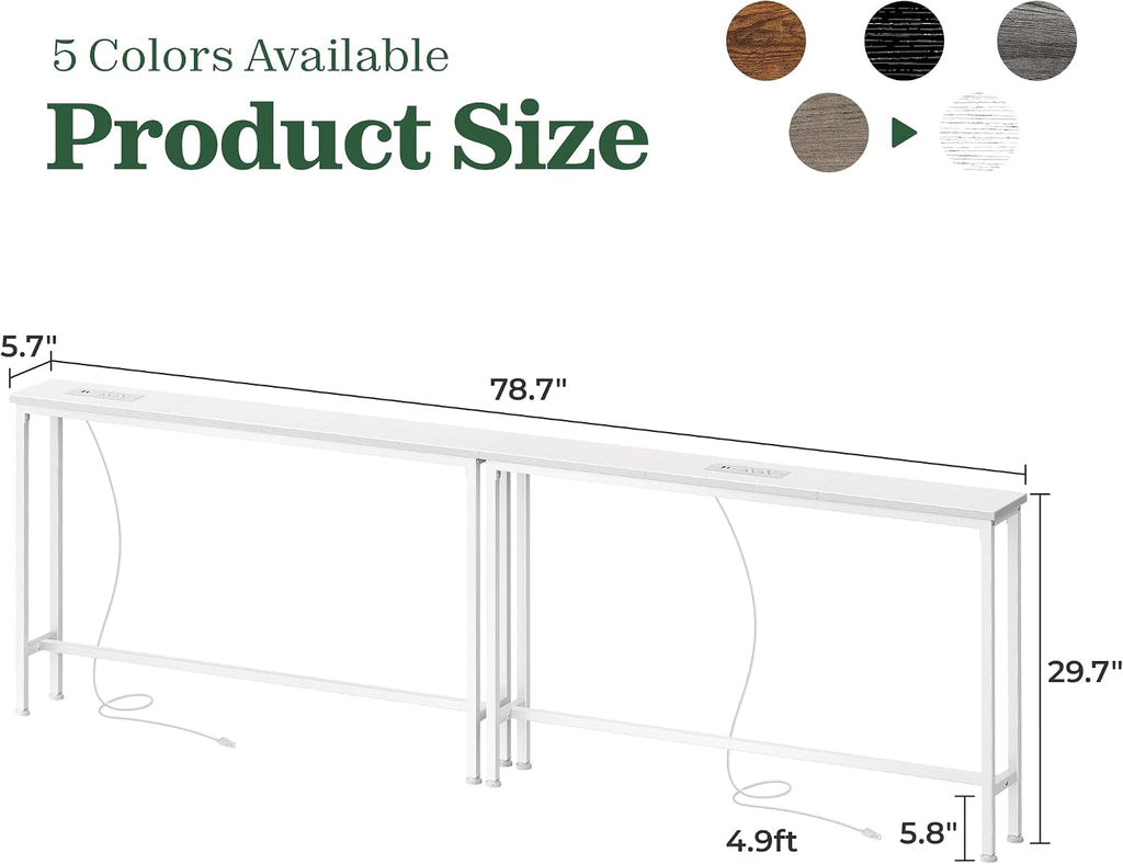 SUPERJARE 78.8 inch Narrow Behind Couch Table with 2 Charging Stations | 2 AC Outlets with USB-C Ports, Extra Storage Behind Sofa, Long Sofa Table Console Table for Entryway Living room, White