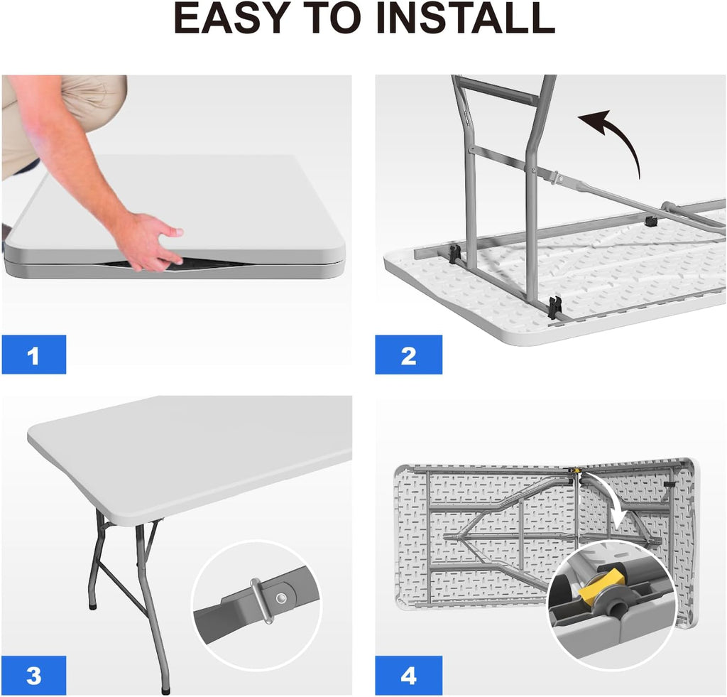 4 Pack Foldable Table 6ft, Plastic Folding Table, Portable Heavy Duty Dining Table with Lock Function & Carrying Handle, Outdoor Indoor Foldable White Table for Camping Party Picnic