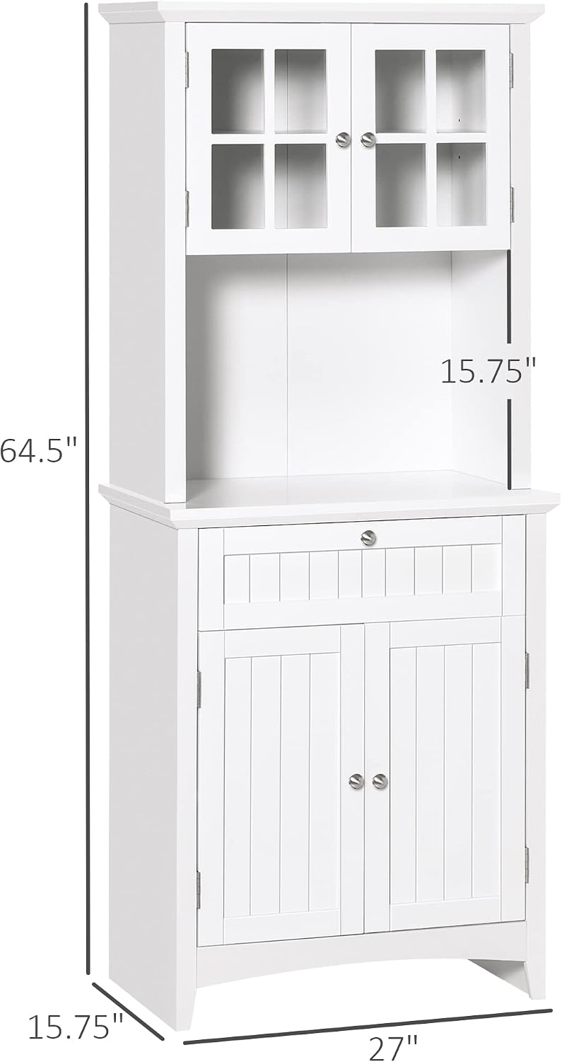 Elegant Buffet, Kitchen Pantry Storage Cabinet with Framed Glass Door Drawer and Microwave Space, White