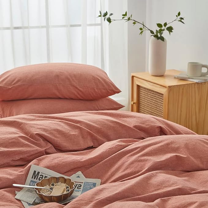 FACE TWO FACE Bedding Duvet Cover Set100% Washed Cotton Duvet Cover Linen Like Textured Breathable Durable Soft Comfy (King, Caramel)