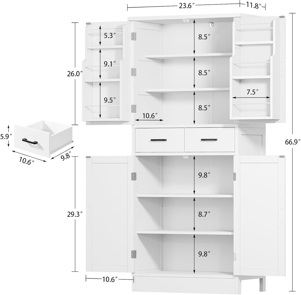 TEENFON Farmhouse Pantry Cabinet, 66.9″H Tall Kitchen Storage Cabinet with Barn Doors, Adjustable Shelves & Drawer, Freestanding Cupboard for Kitchen, Dining Room, Living Room, Bathroom, White
