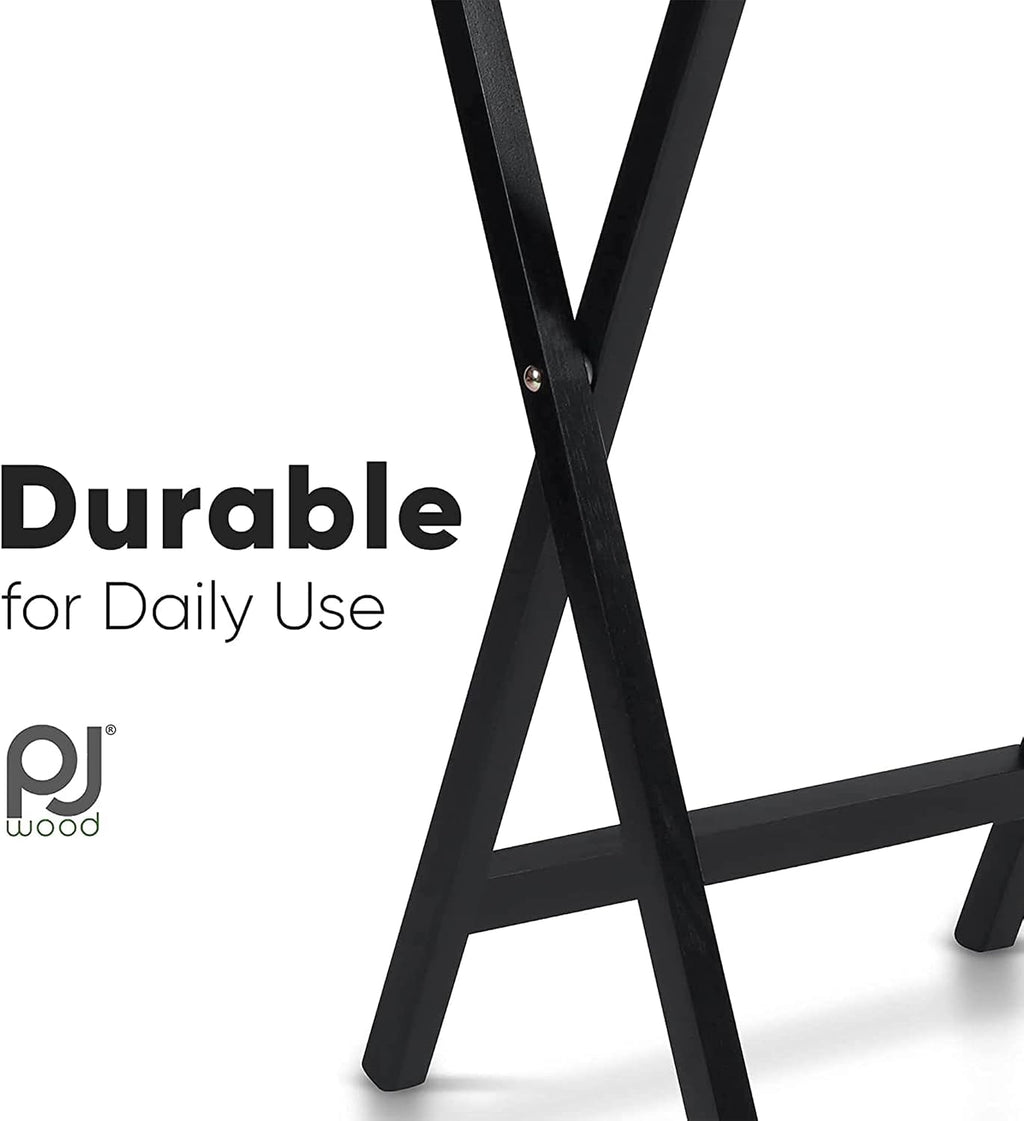 PJ Wood - Folding TV Tray Table Set of 2 - Black Collapsible Snack Tables | Solid Rubberwood Construction, Fully Assembled, 19.09 x 14.57 x 25.98 in, Cross Base Glide Feet, Storage Rack Included, 5 lb