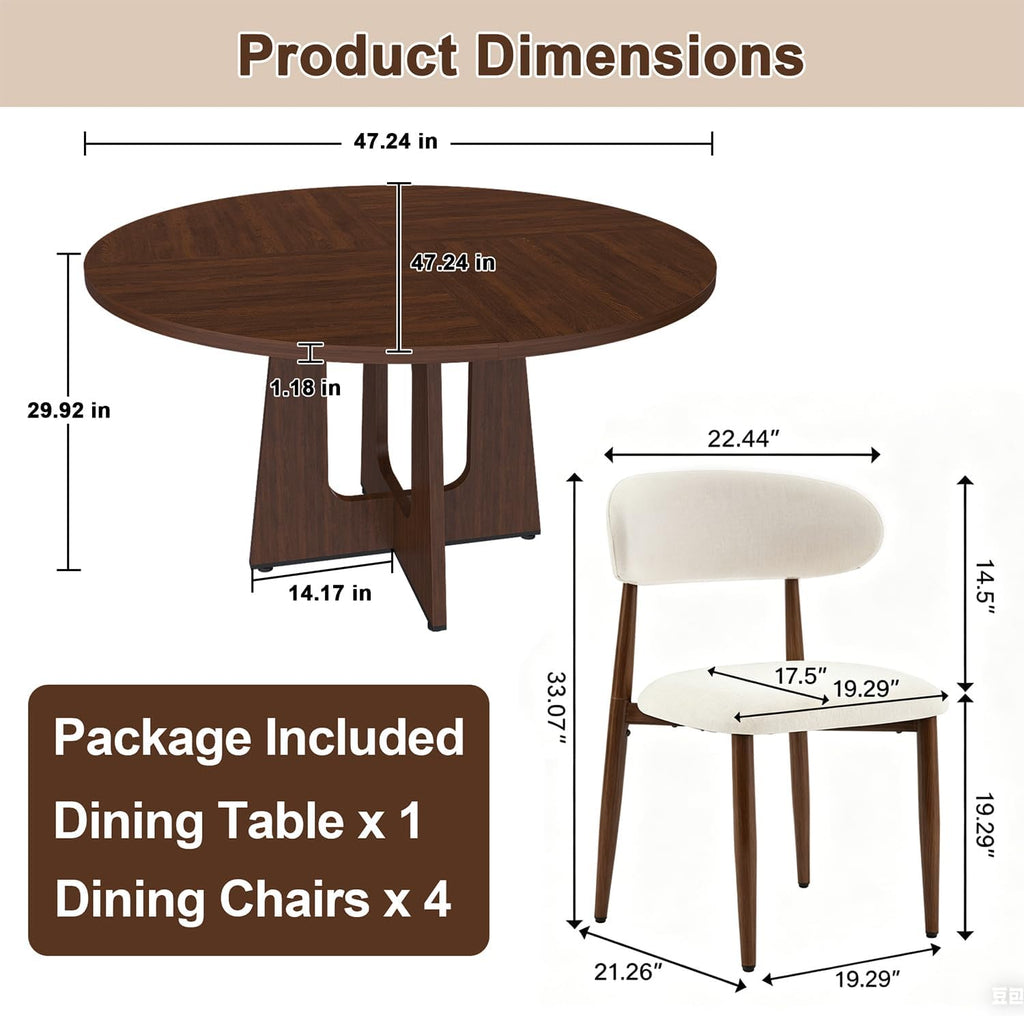 47" Round Dining Table Set for 4-6, Farmhouse Kitchen Table & 4 Beige Upholstered Fabric Chairs with MDF Tabletop and Base, Space-Saving Round Dinner Table Set for Small Apartments, Walnut