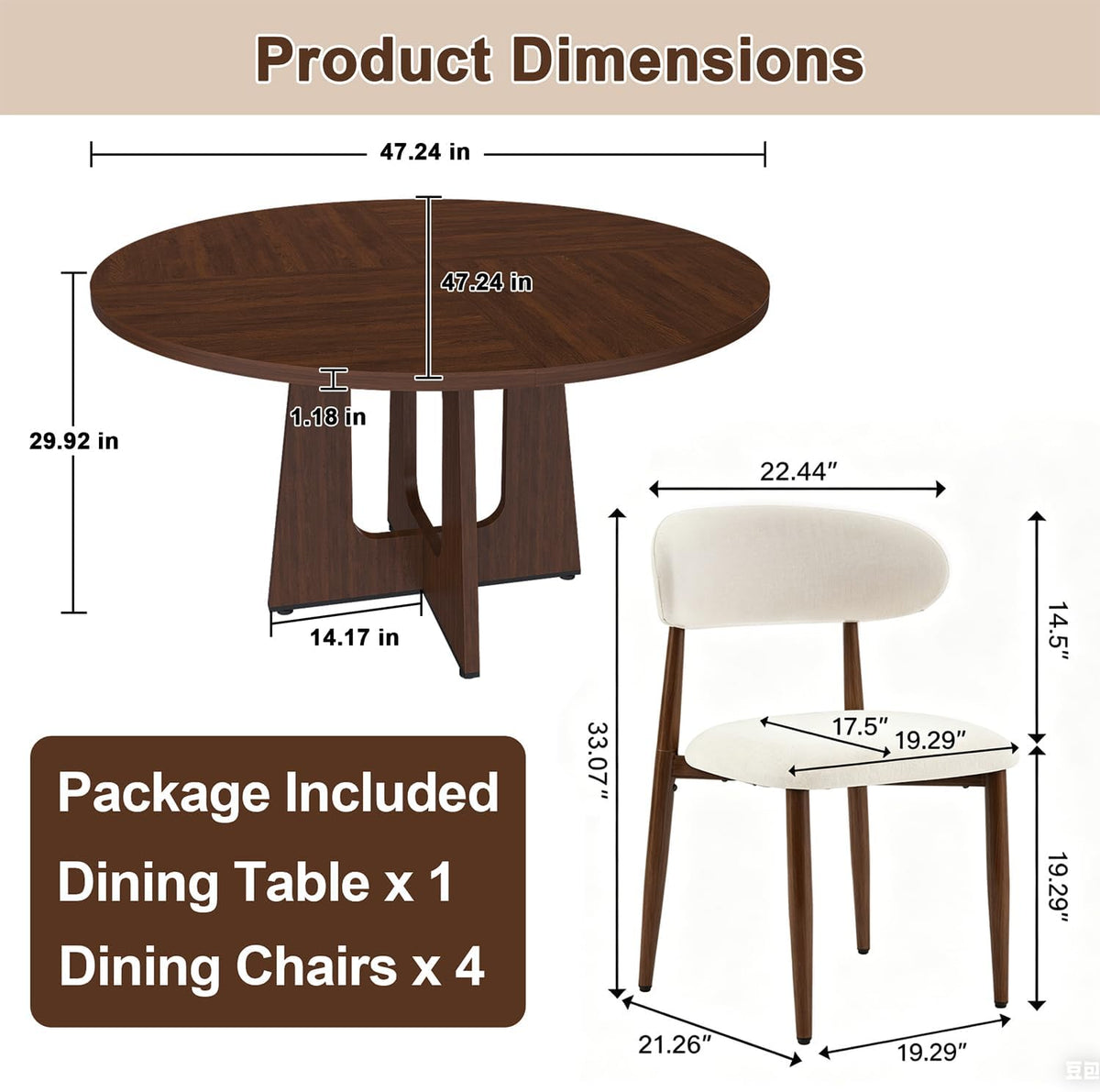 47" Round Dining Table Set for 4-6, Farmhouse Kitchen Table & 4 Beige Upholstered Fabric Chairs with MDF Tabletop and Base, Space-Saving Round Dinner Table Set for Small Apartments, Walnut