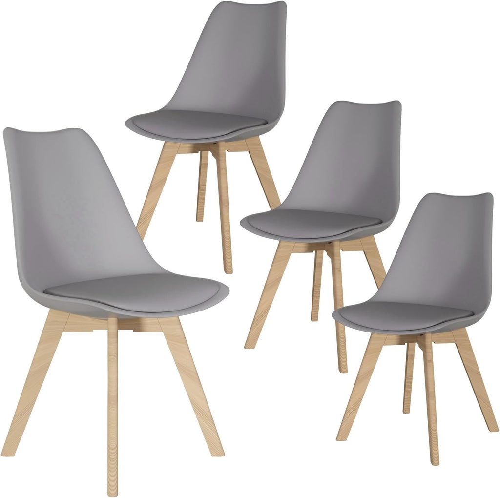 Dining Chairs Set of 4, PU Leather Kitchen Chairs,Wood Legs (Gray, 4 PC) | Mid-Century Modern, Upholstered Dining Room Chairs ,Padded Seat,Tulip Chair,Cushion, for Living room, Bedroom ,Dining Room