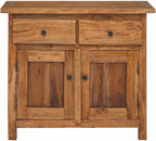 Vintage Solid Mahogany Wood Sideboard with Distressed Finish and Brass Knobs, Brown Medium Console for Dining Room Storage and Display, Sturdy Furniture Piece