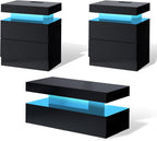 AMERLIFE High Gloss 3 Pieces Living Room Table Set, Modern LED Coffee Table Sets of 3, 2-Tier Center Table with 2 End Side Tables, LED Lights Bedside Table Nightstands with Charging Station, Black