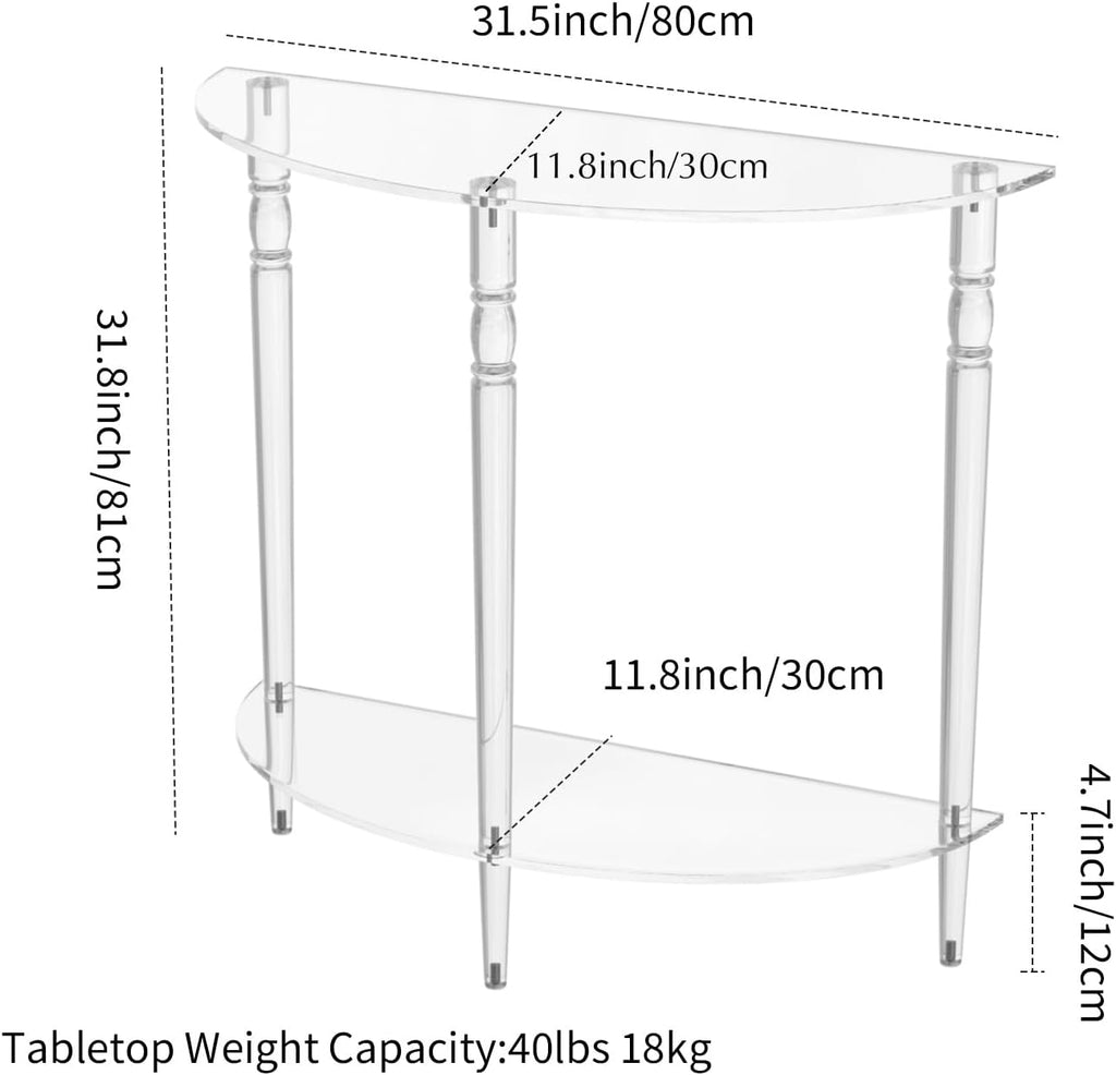 Acrylic Console Table, Half Moon, Entryway Table, Narrow Side Table, End Table, Sofa Table, 31.5L x 11.8W x 31.8H inch Thickened 0.59 inch