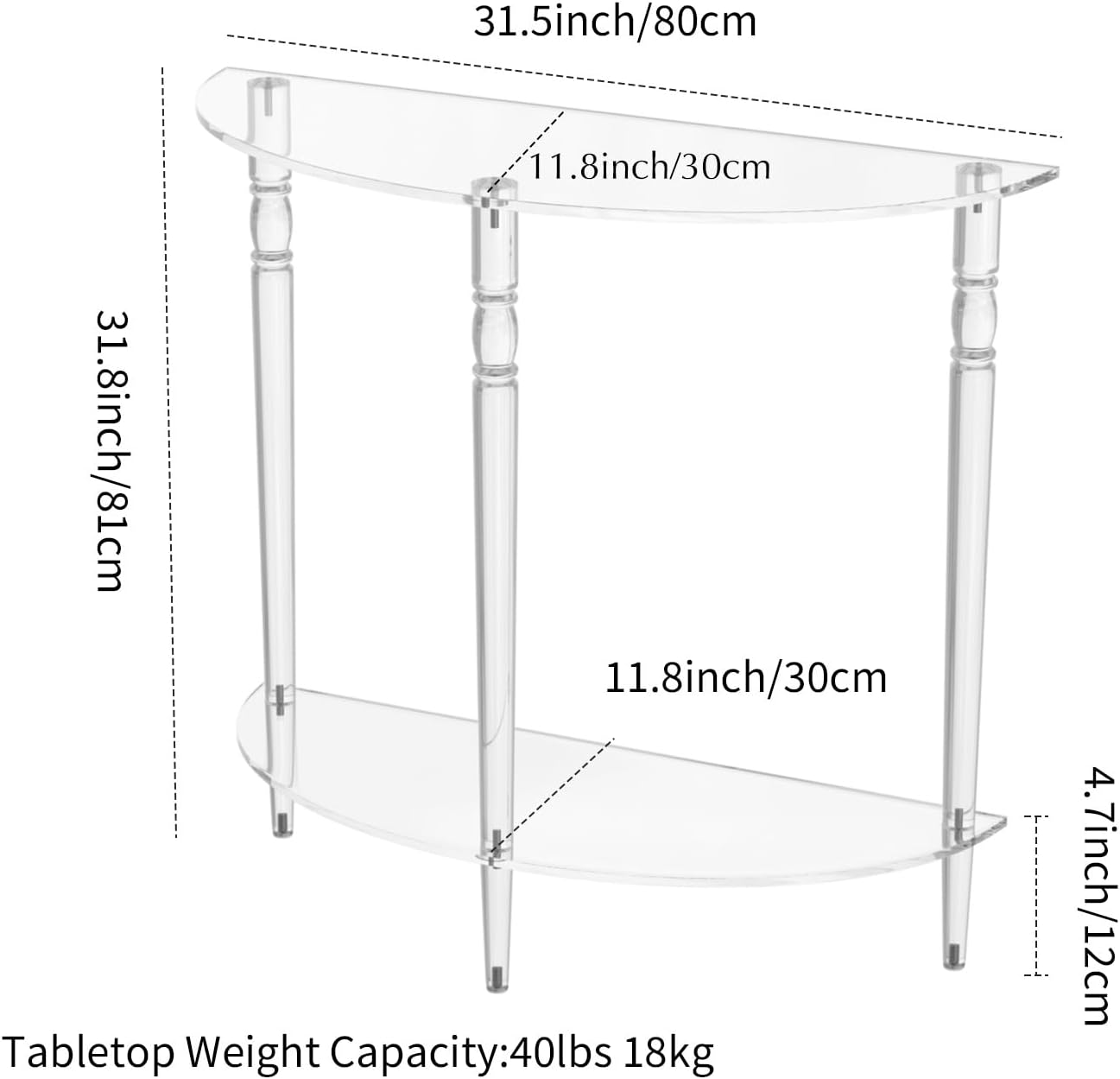 Acrylic Console Table, Half Moon, Entryway Table, Narrow Side Table, End Table, Sofa Table, 31.5L x 11.8W x 31.8H inch Thickened 0.59 inch