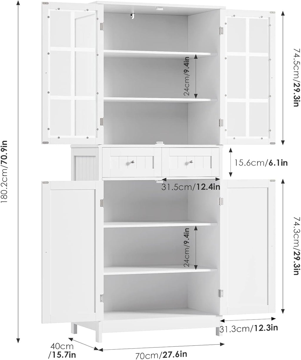 BOTLOG 71" Tall Kitchen Pantry Storage Cabinet, Pantry Cabinet with Drawers and Glass Doors, Freestanding Kitchen Cupboard for Dining Room, Laundry, White