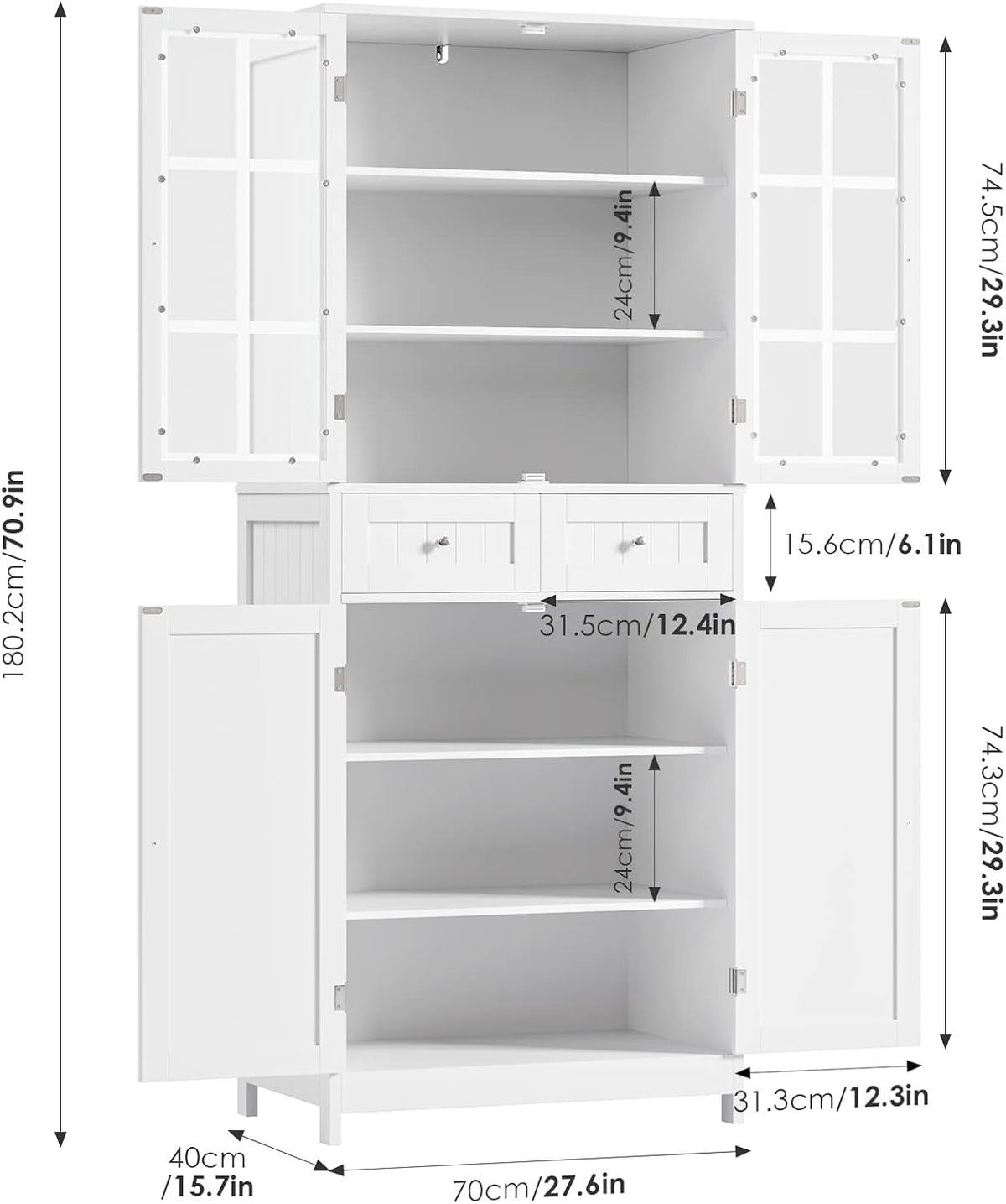 BOTLOG 71" Tall Kitchen Pantry Storage Cabinet, Pantry Cabinet with Drawers and Glass Doors, Freestanding Kitchen Cupboard for Dining Room, Laundry, White