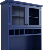 Farmhouse 35.4x17.7x74.8inch Freestanding Kitchen Pantry Cabinet with Hutch, Buffet with Wine Rack, Adjustable Shelves & Tempered Glass Doors, Tall Kitchen Storage Cabinet for Dining Room (Blue Color)