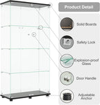 Glass Display Cabinet with 4-Shelf Double Doors and Lock, Curio Cabinet 5mm Tempered Glass Floor Standing Bookshelf for Living Room, Bedroom, Office, 64 x 31.7 x 14.3 in, Black