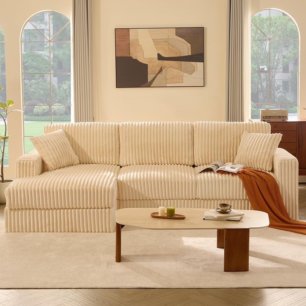GOSUHI 113" L-Shaped Cloud Couch, Modular Sectional, Deep Seats, White | Pocket Spring Cushions, Oversized 3-Seater, Left Facing Chaise, Corduroy Upholstery Couches for Living Room