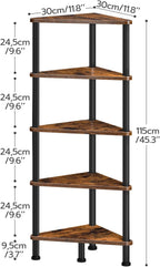 HOOBRO Corner Shelf Stand, Industrial 5-Tier Corner Bookshelf with Metal Frame, Plant Display Shelf, Small Bookcase for Small Spaces, Bedroom, Living Room, Rustic Brown BF33CJ01