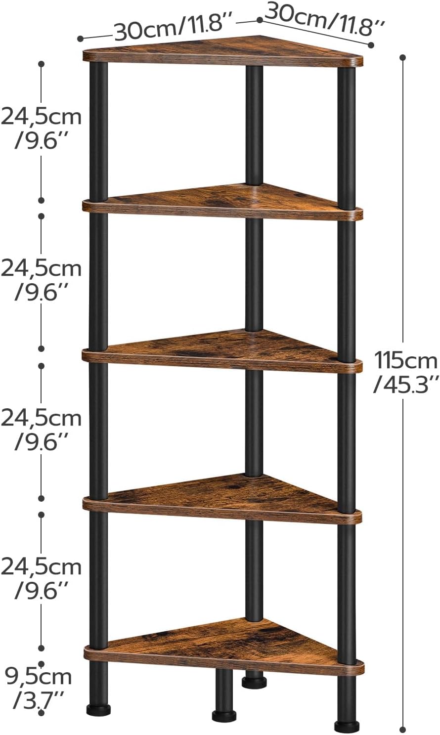 HOOBRO Corner Shelf Stand, Industrial 5-Tier Corner Bookshelf with Metal Frame, Plant Display Shelf, Small Bookcase for Small Spaces, Bedroom, Living Room, Rustic Brown BF33CJ01