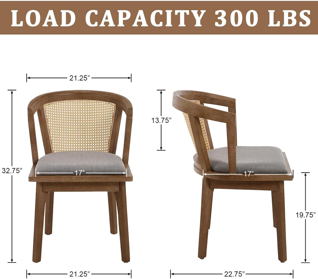 Kmax Modern Rattan Dining Chair Set of 4 Farmhouse Semi Barrel Dining Room Chair Wooden Upholstered Chair Oak Finish for Living Room Kitchen, Walnut/Grey Seat