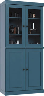 Palace Imports 100% Solid Wood Kitchen Pantry w/ 2 Glass & 2 Wood Doors, Teal Blue, 32" w x 71.5" h, Renewable Eco-Friendly Pine, Made in Brazil