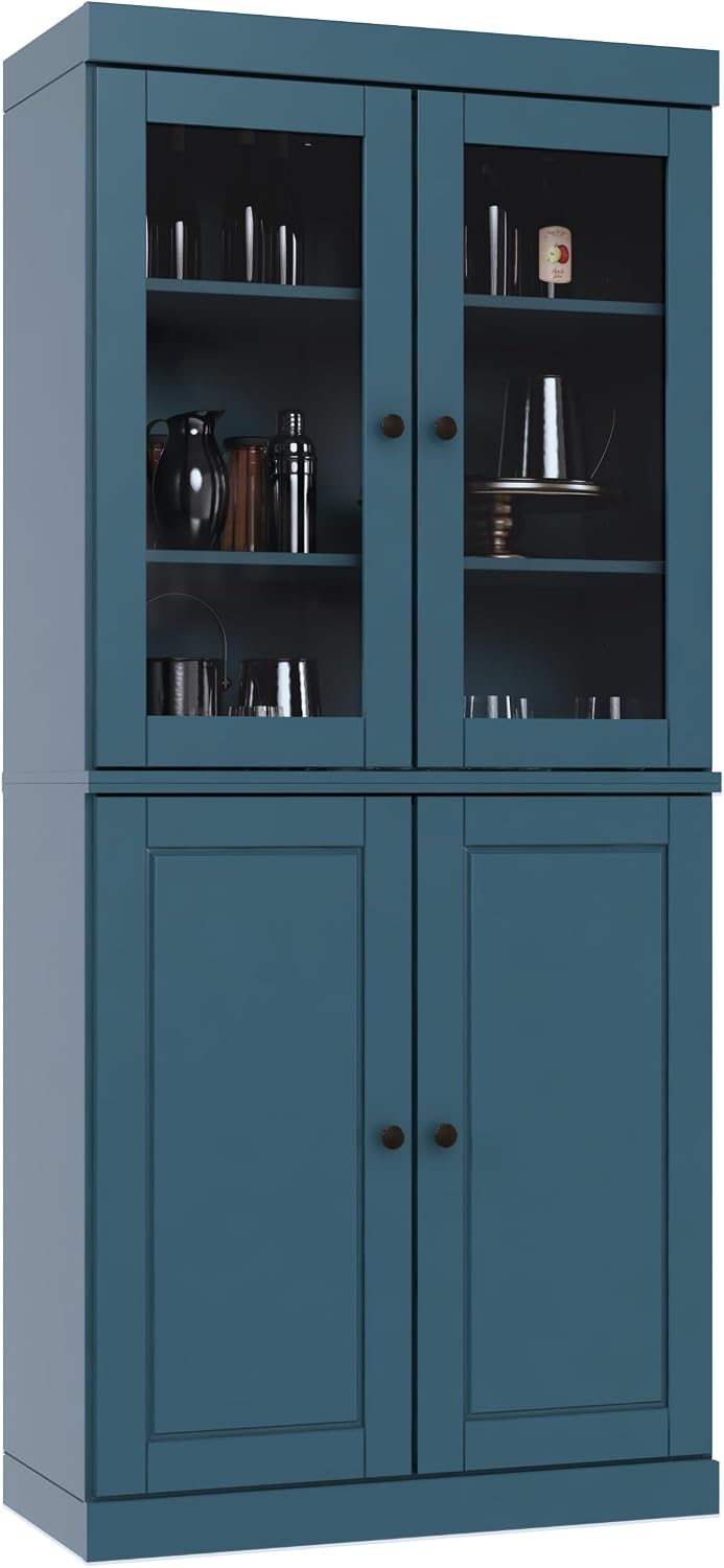 Palace Imports 100% Solid Wood Kitchen Pantry w/ 2 Glass & 2 Wood Doors, Teal Blue, 32" w x 71.5" h, Renewable Eco-Friendly Pine, Made in Brazil