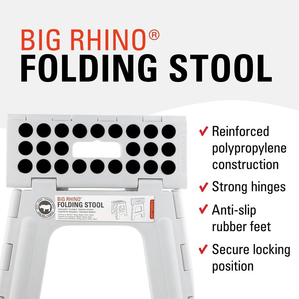 Kikkerland Rhino Foldable Step Stool – Holds Adults up to 300 Lbs, Best for Kitchen & Bathroom – Collapsible, Portable, Lightweight Stepping Stool with Sturdy, Non-Slip Design – White, 15”