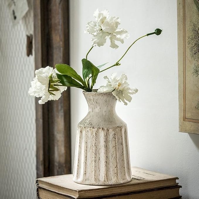 Ceramic Boho Vase, Farmhouse Home Decor Embossed Vases for Centerpieces, Kitchen, Office, Shelf, Table, Vase for Pampas Grass, Eucalyptus