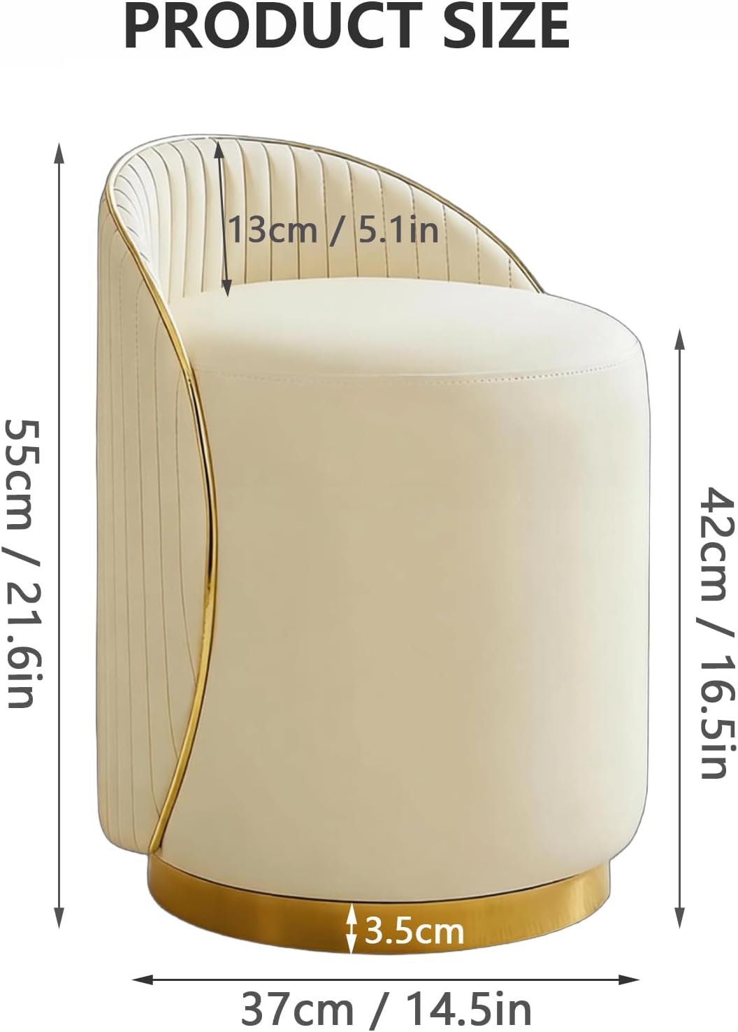 Modern Round Makeup Stool, 360 Swivel Vanity Chair, Beige Leather Seat, Solid Wood Frame, 400 lbs Weight Capacity
