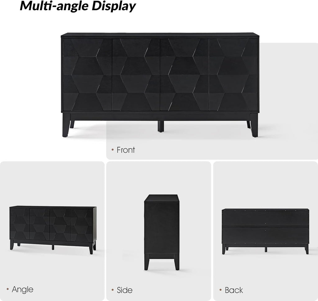 HULALA HOME Mid Century Sideboard Buffet Cabinet with Solid Wood Legs, 60" Kitchen Storage Cabinet Credenza with 4 Doors and 2 Shelves, Accent Console Table (Black)
