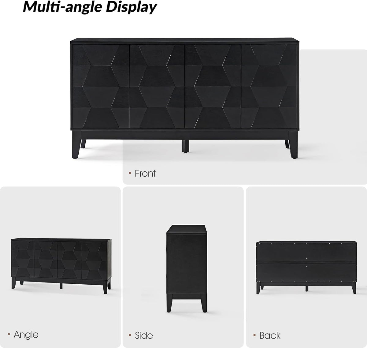 HULALA HOME Mid Century Sideboard Buffet Cabinet with Solid Wood Legs, 60" Kitchen Storage Cabinet Credenza with 4 Doors and 2 Shelves, Accent Console Table (Black)