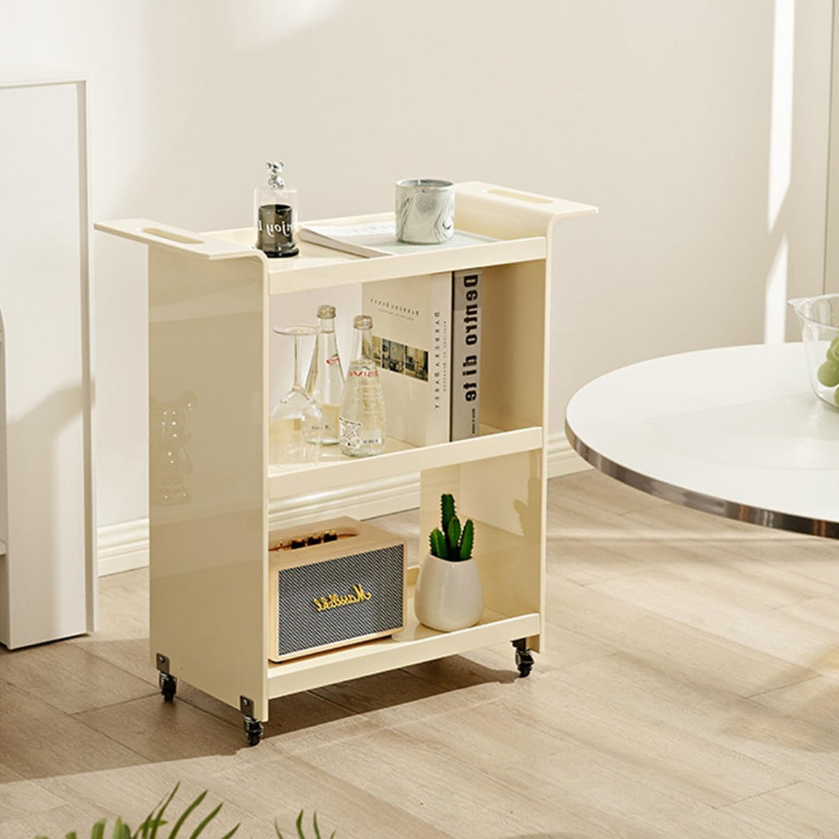 Gdrasuya10 3 Tier Acrylic Bar Cart Serving Cart with Wheels, Clear Acrylic Utility Rolling Cart White End Table Side Table Rolling Serving Cart Snack Tablé for Living Room Balcony Party