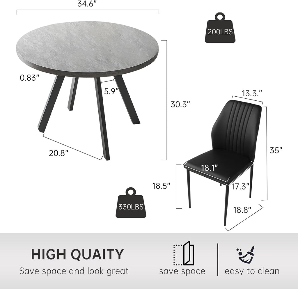Zerifevni 34.6'' Round Dining Table and Chairs for 4, Mid Century Modern Round Table Set, Space Saving for Apartment Kitchen Dining Room (Grey Table+4 Black Chairs)