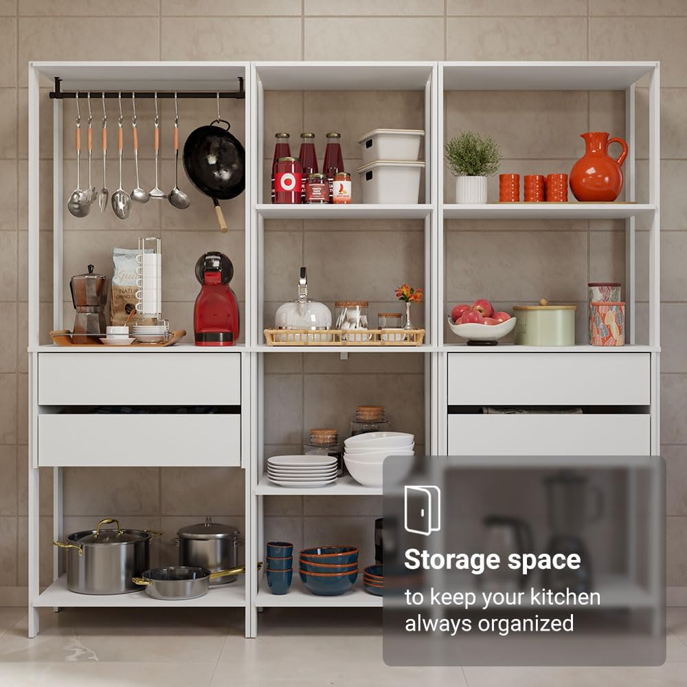 Madesa Kitchen Pantry Storage Rack with 4 Drawers, Open Shelves and Hanging Space 78" L Multiuse Modular Cabinet for Kitchen Organization - White