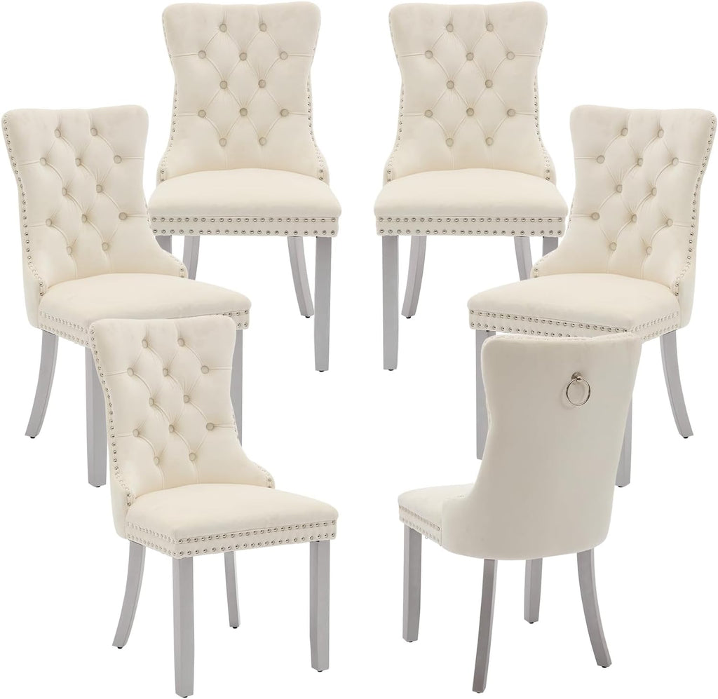 LKTART Dining Chairs Set of 6 Mid-Century Modern Chairs with Pull Ring, Velvet Upholstered Dining Chair with Wooden Legs Nailhead Trim for Kitchen Bedroom Dining Room (Beige)