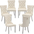 LKTART Dining Chairs Set of 6 Mid-Century Modern Chairs with Pull Ring, Velvet Upholstered Dining Chair with Wooden Legs Nailhead Trim for Kitchen Bedroom Dining Room (Beige)