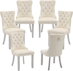 LKTART Dining Chairs Set of 6 Mid-Century Modern Chairs with Pull Ring, Velvet Upholstered Dining Chair with Wooden Legs Nailhead Trim for Kitchen Bedroom Dining Room (Beige)