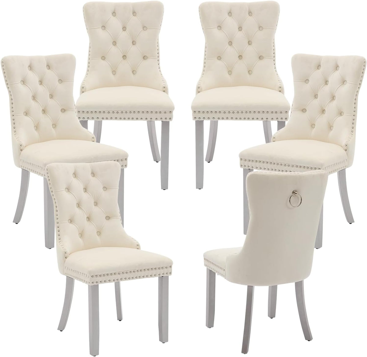 LKTART Dining Chairs Set of 6 Mid-Century Modern Chairs with Pull Ring, Velvet Upholstered Dining Chair with Wooden Legs Nailhead Trim for Kitchen Bedroom Dining Room (Beige)