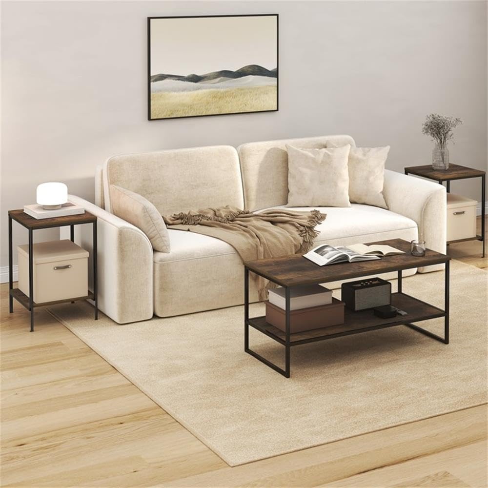 Pemberly Row 3-Piece 2-Tier Coffee Table Set, Amber Pine Finish, Engineered Wood and Metal, Includes Coffee Table and 2 Side Tables, Durable Living Room Furniture for Small Spaces and Organization