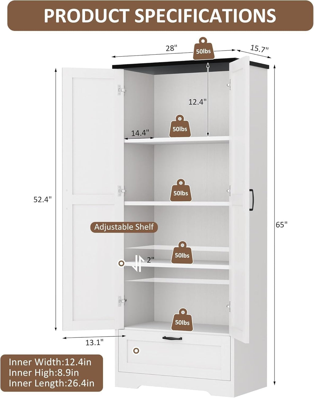 Vongrasig Kitchen Pantry Storage Cabinet with Barn Doors, Drawer and Adjustable Shelves, 4-Tier Tall Rustic Wood Cupboard Locker for Kitchen, Dining Room, Living Room, Bathroom, (White)