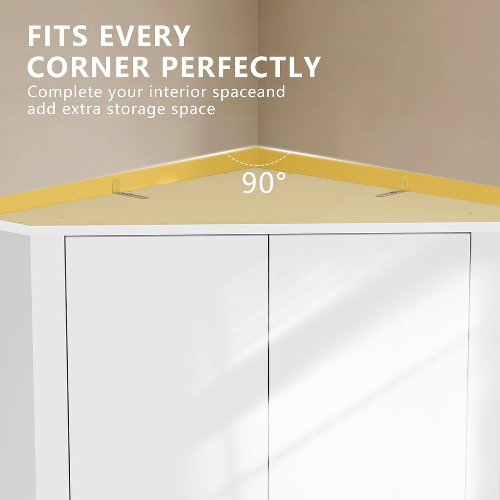 Anbuy 67'' Tall Pantry Cabinet with Led Light, Corner Pantry Cabinet with 4 High Gloss Doors and Adjustable Shelves, Space Saving Storage Cabinet for Food Hutch for Kitchen, Living Dining Room (White)