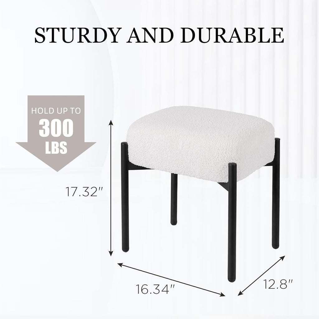Vanity Stool Chair Faux Fur, 16.3" L x 12.8" W x 17.3" H Soft Ottoman, Makeup Chair Bench Furry Padded Seat with 4 Metal Legs, Footstool Multifunctional Chairs for Bedroom, Living Room, White