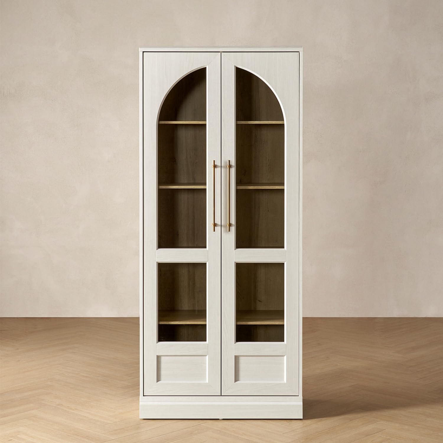 mopio Blake Tall Display Cabinet, Kitchen Buffet Pantry Cupboard, Trophy Display Case, Storage Cabinet Scratch Resistant Acrylic, Modern Farmhouse Curio Organizer (White Oak Arched, Single)