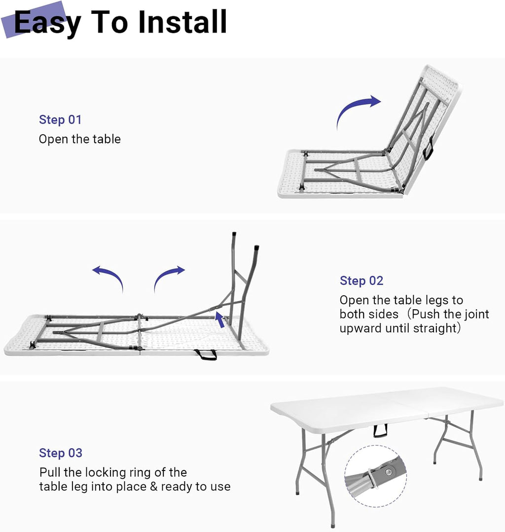 6ft Folding Table, Portable Heavy Duty Plastic Table for Party, White | Fold-in-half Design with Carry Handle,Easy Setup,Compact Storage. Supports 330 lbs for Indoor & Outdoor use,Camping, Picnic