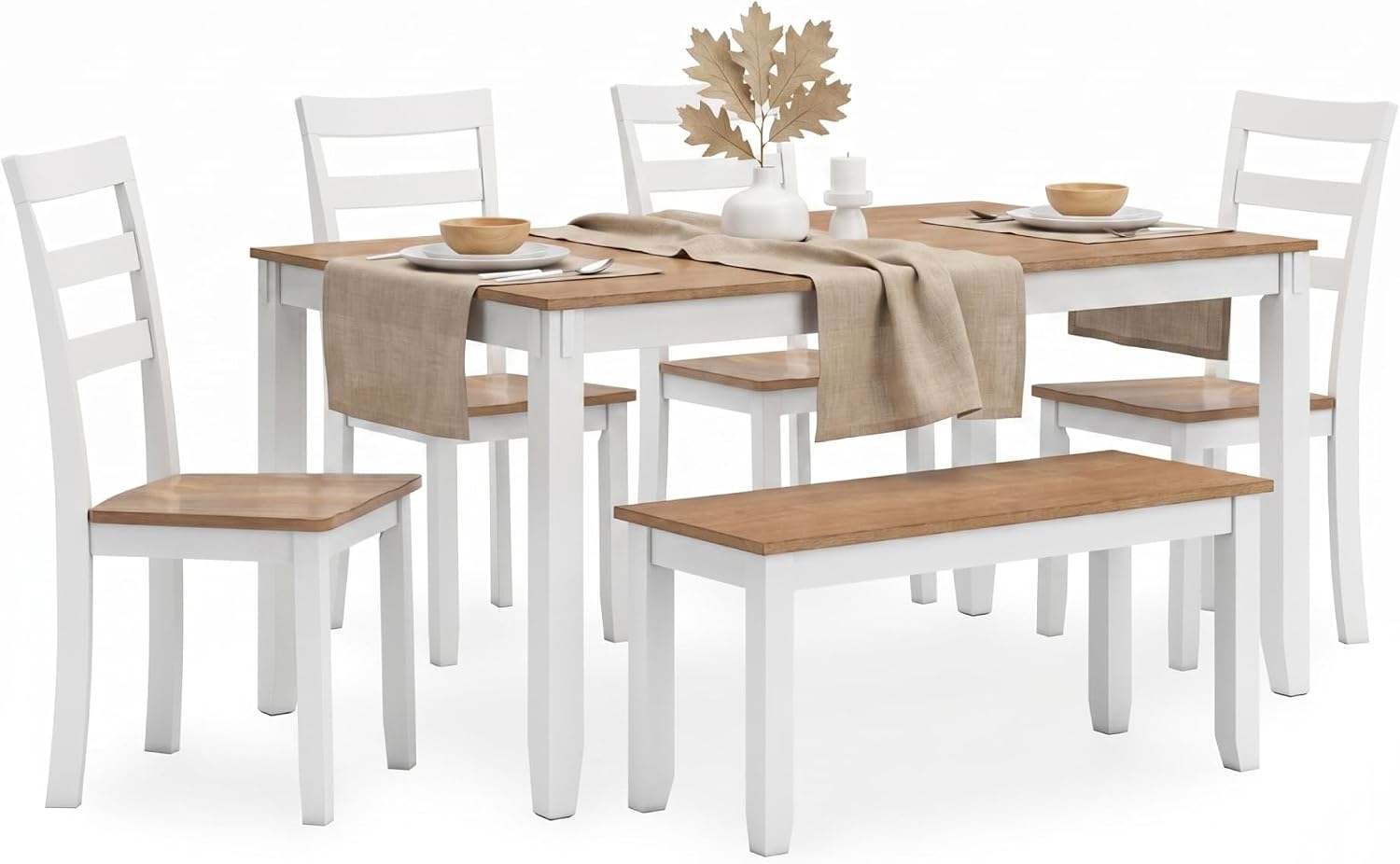 Signature Design by Ashley 6-Piece Dining Table Set with Bench and Chairs | Solid wood frame, Rubberwood, MDF, Wipe-clean mango wood veneer, 2-tone farmhouse style, Gesthaven Series