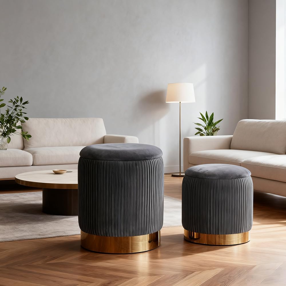 YYW HOME Round Ottoman with Storage Set of 2 Vanity Stool Foot Rest with Removable Lid for Bedroom Gray Velvet Storage Ottoman Coffee Table for Living Room and Dorm (Gray)