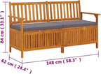 Outdoor Storage Bench with Cushion 58.3 inch Solid Acacia Wood Patio Furniture for Entryway Garden Deck Porch Seating and Organization Dark Gray